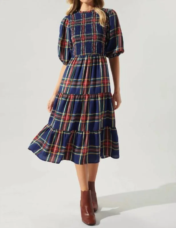 Casual Clothing For Women Feminine Elegance Plaid Smocked Midi Dress In Lakeview