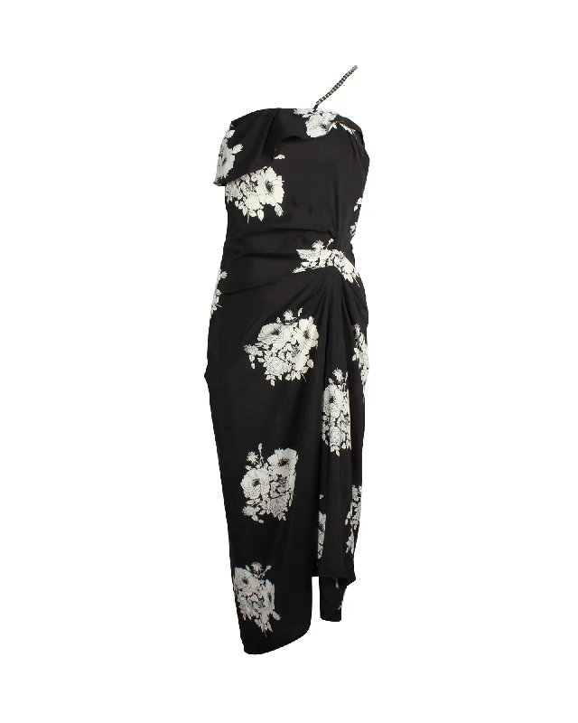 Women's Athletic Garments Sophisticated Cut N°21 Chain-Embellished Floral Dress in Black Silk