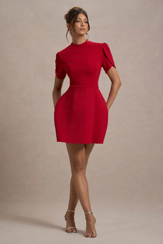 Women's Luxury Attire Vintage Elegance Carabella | Red High-Neck Short-Sleeve Mini Dress