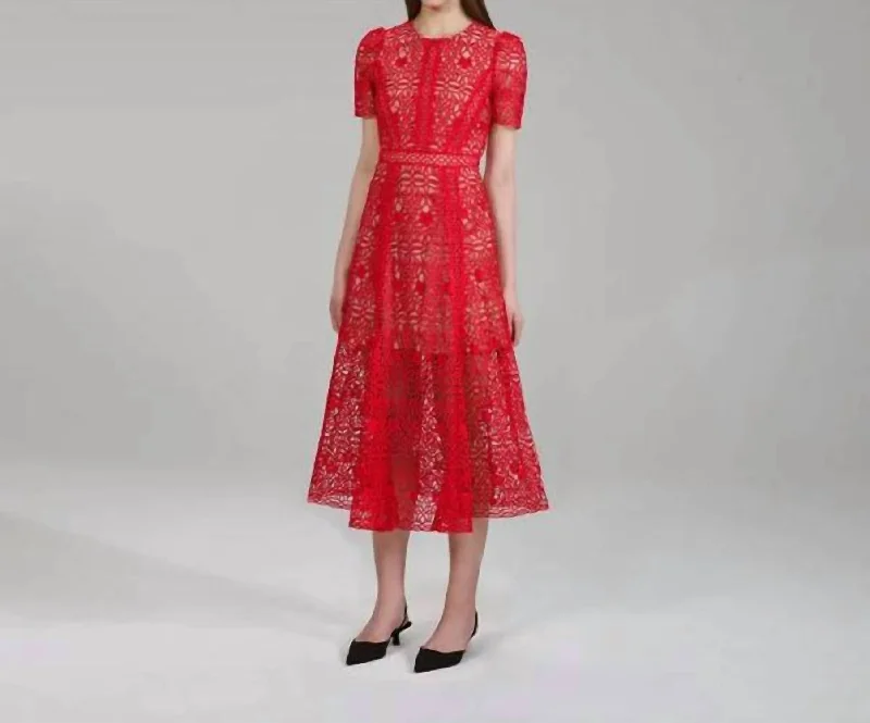 Affordable Women's Outfit Soft Textures Guipure Lace Midi Dress In Red