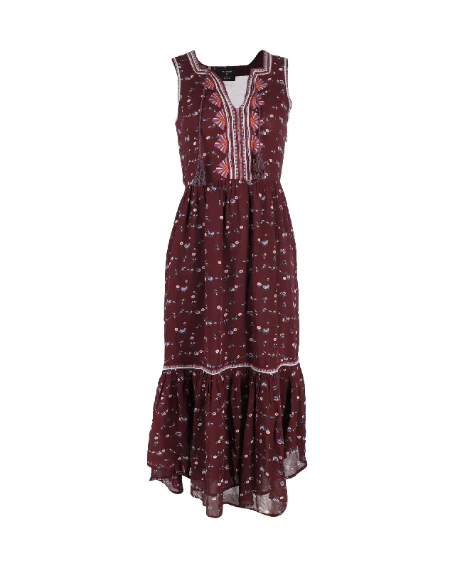 Women's Chic Outerwear Attire Mid - Season Sale Ulla Johnson Leena Floral Midi Dress in Burgundy Silk