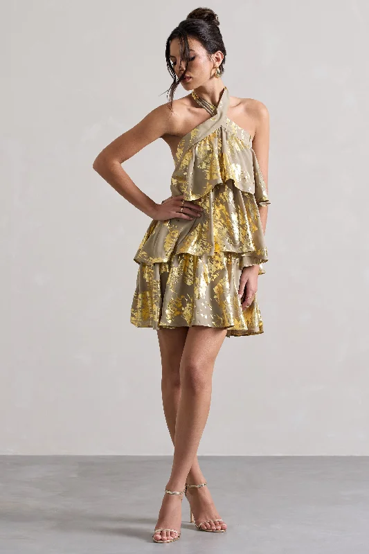 Women's Elegant Formal Outfit Refined Look Alecia | Metallic Gold Halter-Neck Ruffle Mini Dress