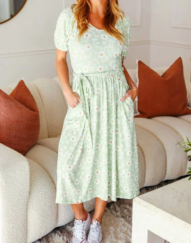 Women's Contemporary Clothing Subtle Sophistication Sunny Days Fit And Flare Sash Belt Dress In Sage Floral