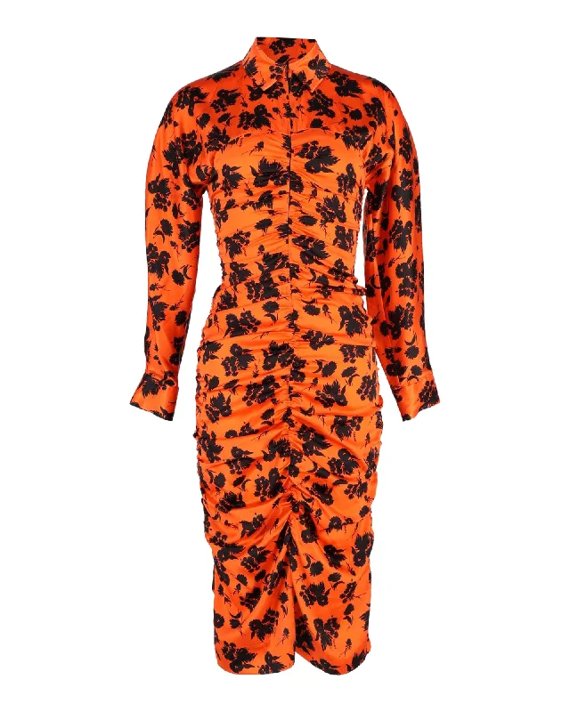 Women's Resort Garments Last Chance Sale Ganni Ruched Floral-Print Midi Dress in Orange Silk