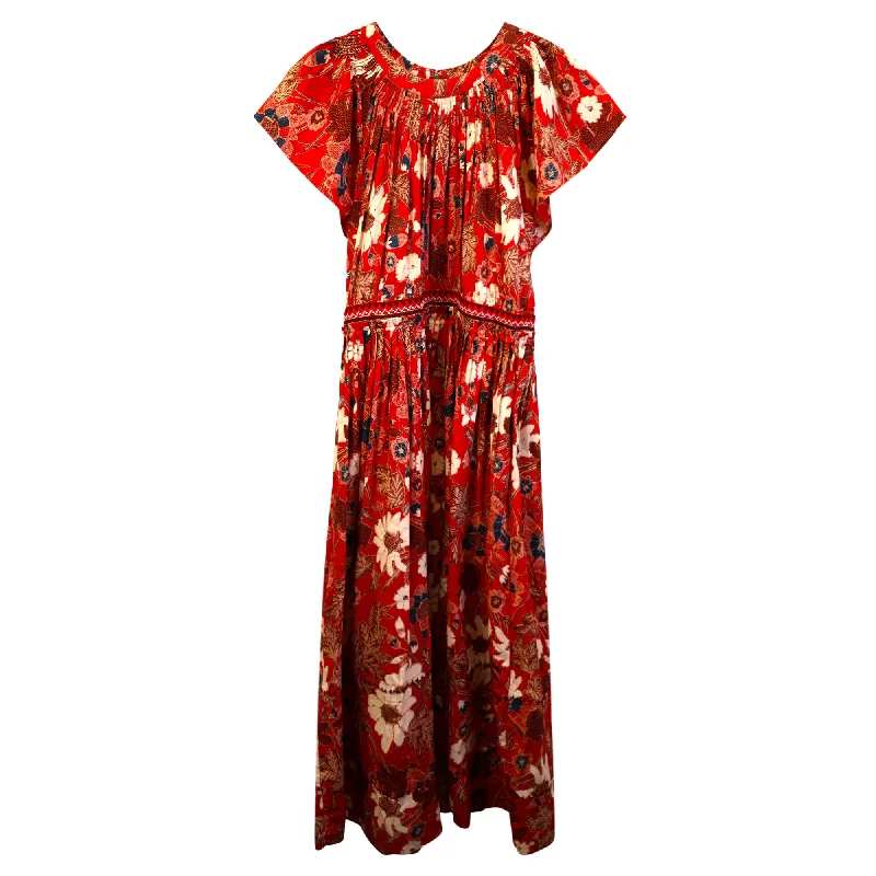 Women's Luxury Garments Feminine Soft - Hued Styles Ulla Johnson Lottie Pleated Floral-Print Midi Dress in Red Cotton