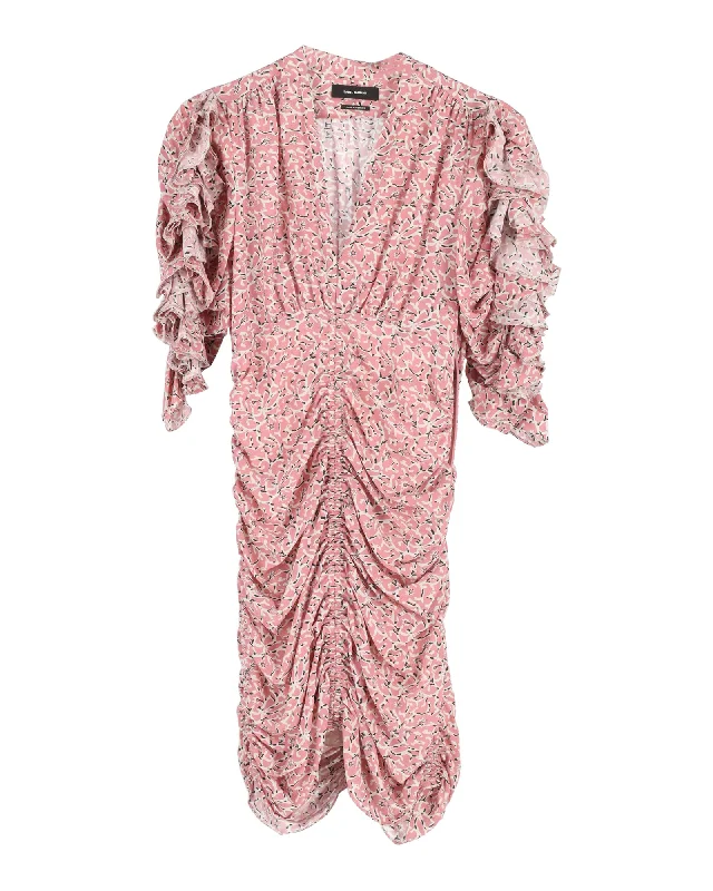 Formal Outfit For Women Discounts on Casual Weekend Styles Isabel Marant Andor Floral Ruched-Seam Mini Dress in Pink Silk