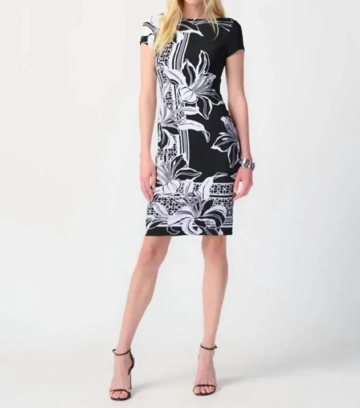 Stylish Outerwear Clothing For Women Feminine Charm Floral Print Sheath Dress In Black Vanilla