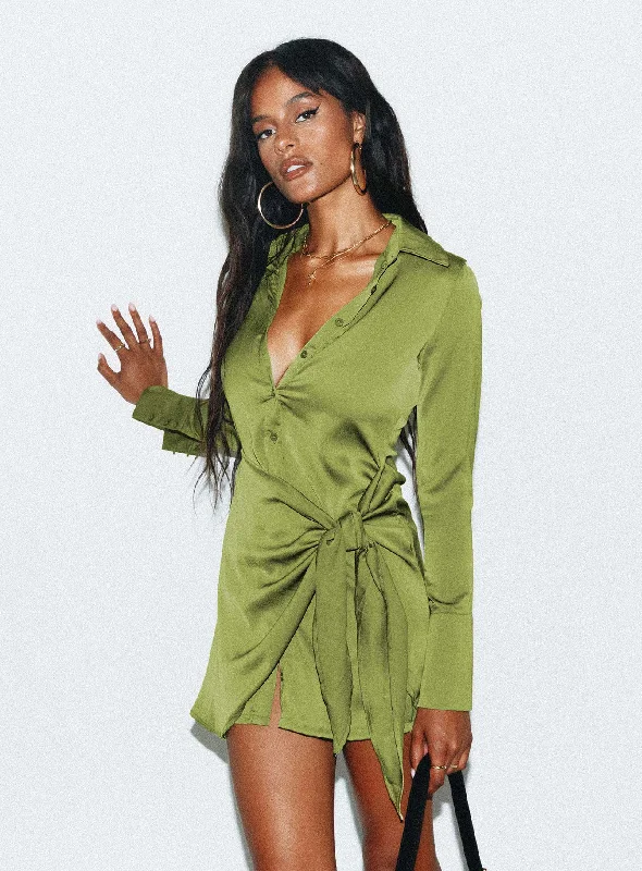 Women's Comfortable Lounge Outfit Vintage Charm Bodeni Long Sleeve Mini Dress Green