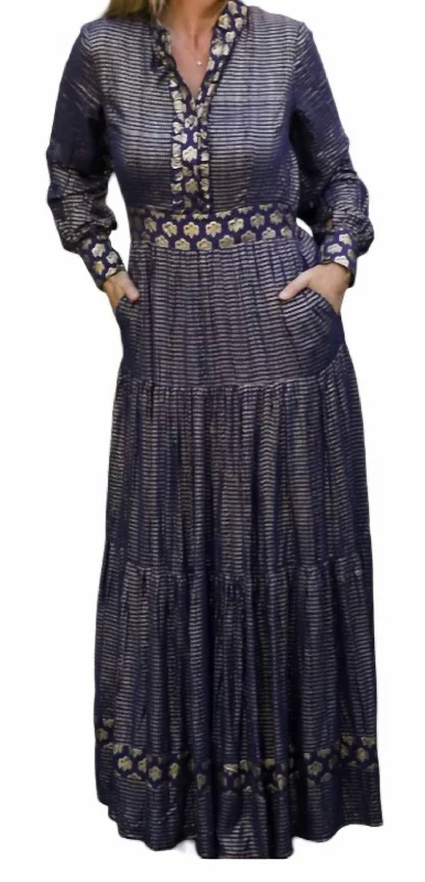 Women's Comfortable Apparel Modern Romance Annabelle Long Sleeve Maxi Dress In Navy Blue/gold