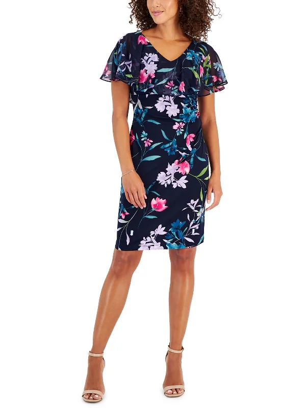 Timeless Women's Clothing Soft Textures Womens Floral Print Cape Sleeves Cocktail Dress