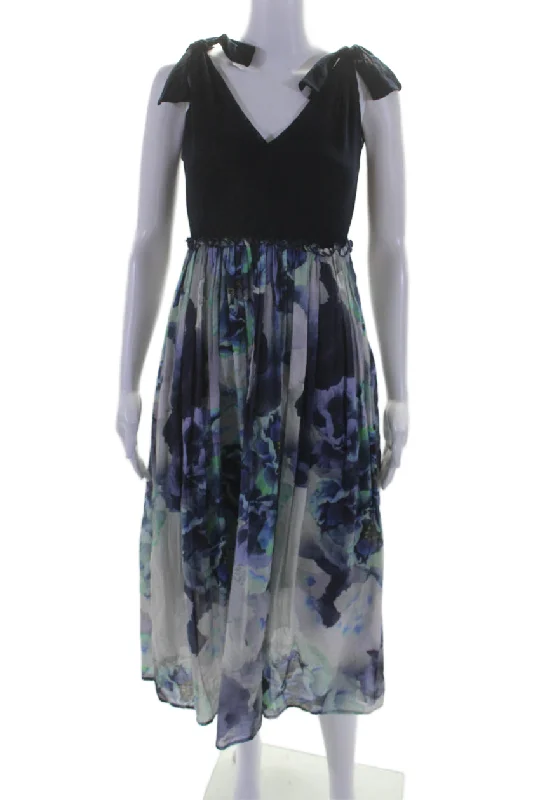 Women's Evening Wear Attire Casual Elegance Fuzzi Womens Sleeveless Floral Midi Empire Waist Dress Navy Blue Gray