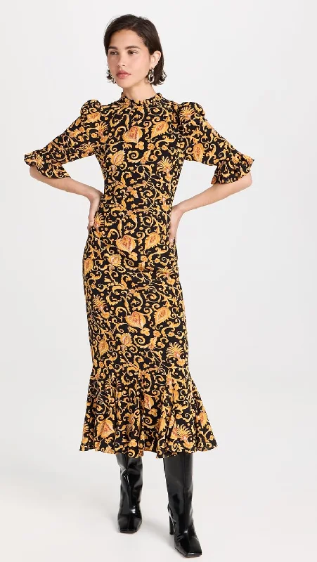 Women's Vacation Attire Urban Sophistication Rhode Women's Felix Dress, Baroque Heart, Floral, Puff Sleeves Gold Midi Dress