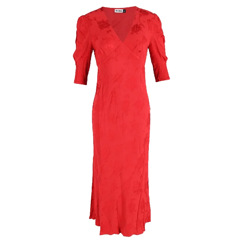 Vintage-Inspired Women's Apparel Subtle Sophistication Rixo Zadie Floral Jacquard Midi Dress in Red Polyester