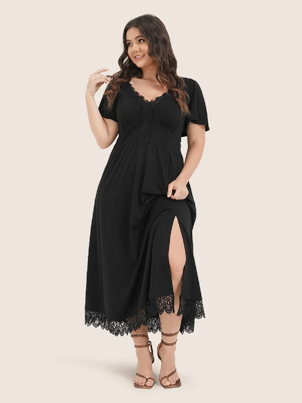 Formal Outfit For Women Refined Look Solid Pocket Contrast Lace Split Maxi Dress