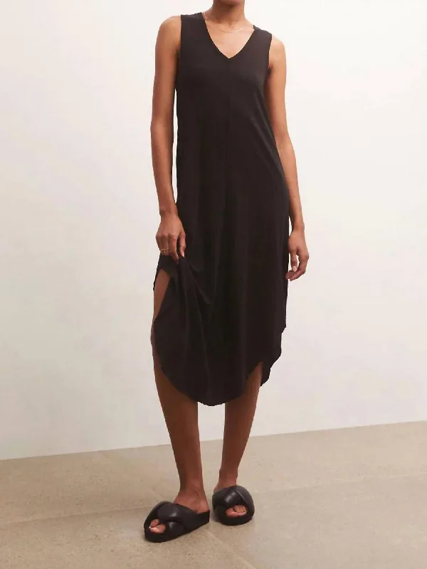 Women's Effortless Casual Outfit Flowing Silhouette Reverie Slub Midi Dress In Black