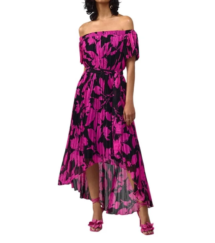 Women's Date Night Outfit Effortless Comfort Floral Off-Shoulder Maxi Dress In Black/pink