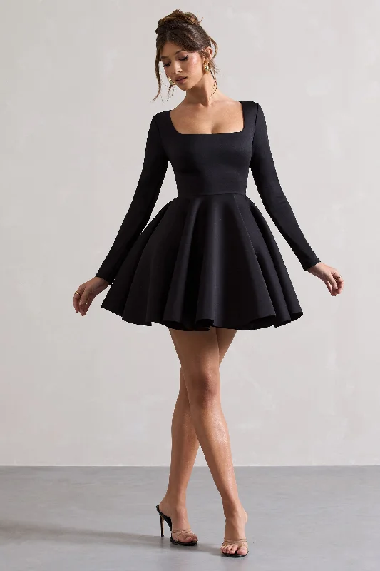 Women's Vintage-Inspired Clothing Classic Charm Winslet | Black Square-Neck Skater Mini Dress