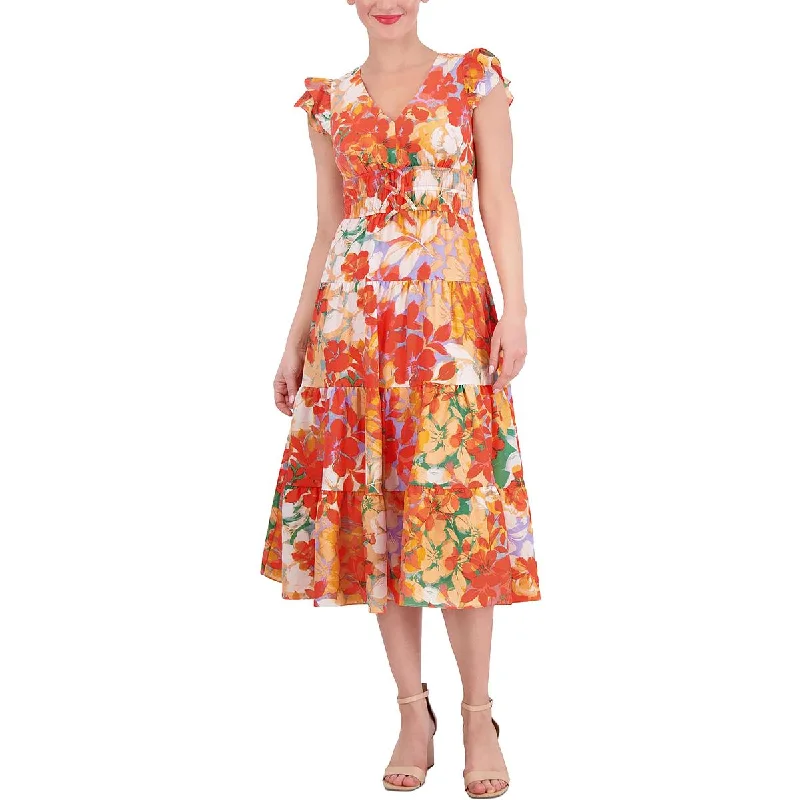 Women's Transitional Attire Vintage Elegance Womens Flutter Sleeve Floral Print Midi Dress