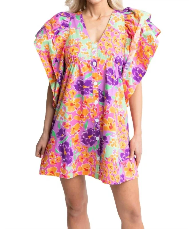 Women's Clothing For Casual Outings Romantic Flair Garden Vneck Ruffle Dress In Floral Multi Color