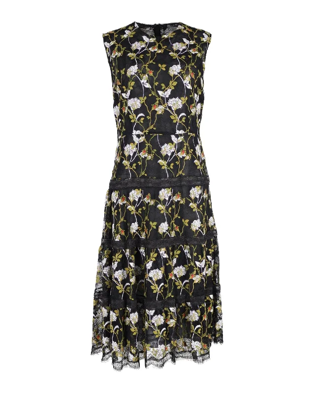 Women's Cozy Winter Attire Classic Charm Giambattista Valli Floral-embroidered Lace Midi Dress in Black Polyester