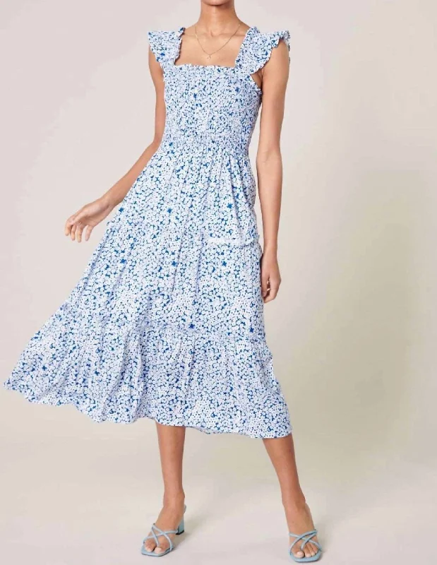 Women's Elegant Apparel Charming Silhouette Bayshore Floral Smocked Dress In White/blue