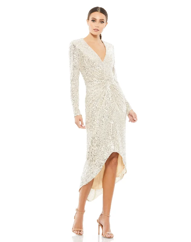 Women's Comfy Loungewear Outfit Elevated Style Sequin Knotted Long Sleeve Midi Dress