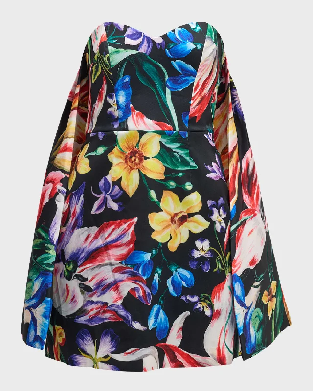 Fashionable Women's Clothing Romantic Flair Strapless Floral-Print Cape Mini Dress