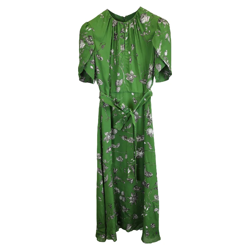 Women's High-End Clothing Elevated Style Erdem Floral Print Short-Sleeve Crepe Midi Dress in Green Satin