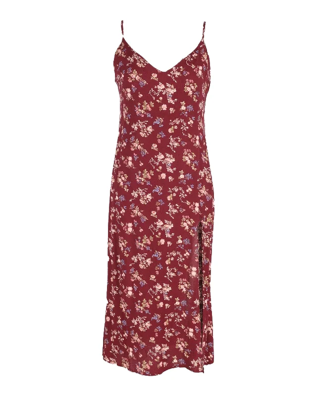 Women's Casual Outfit Mid - Week Surprise Reformation Crimini Floral Print Midi Dress in Burgundy Viscose