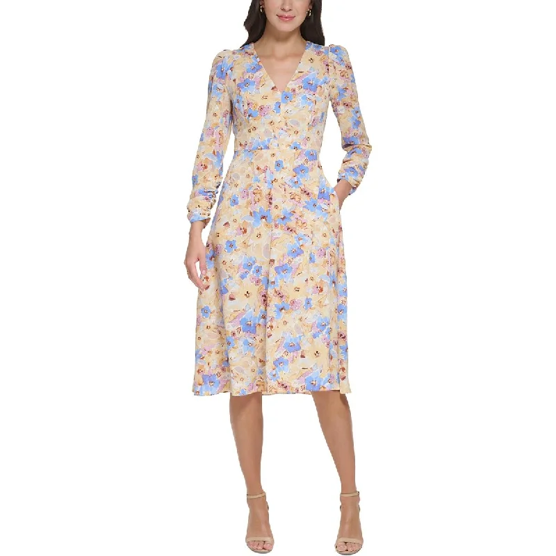 Women's Stylish Vacation Attire Sophisticated Cut Womens Floral Print V-Neck Midi Dress