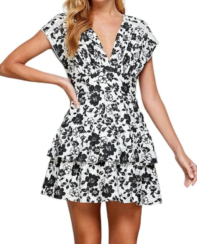 Women's Cozy Outfit For Lounging Timeless Elegant Floral Print Tiered And Layered Mini Dress In Black