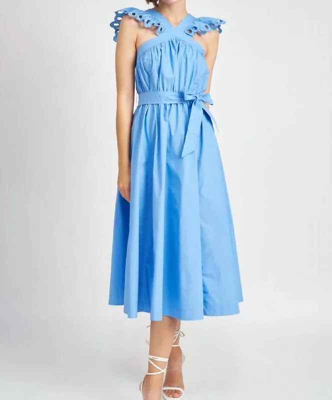 Charming Women's Outfit For Special Occasions Flash Deals Crista Ruffle Sleeve Midi Dress In Blue