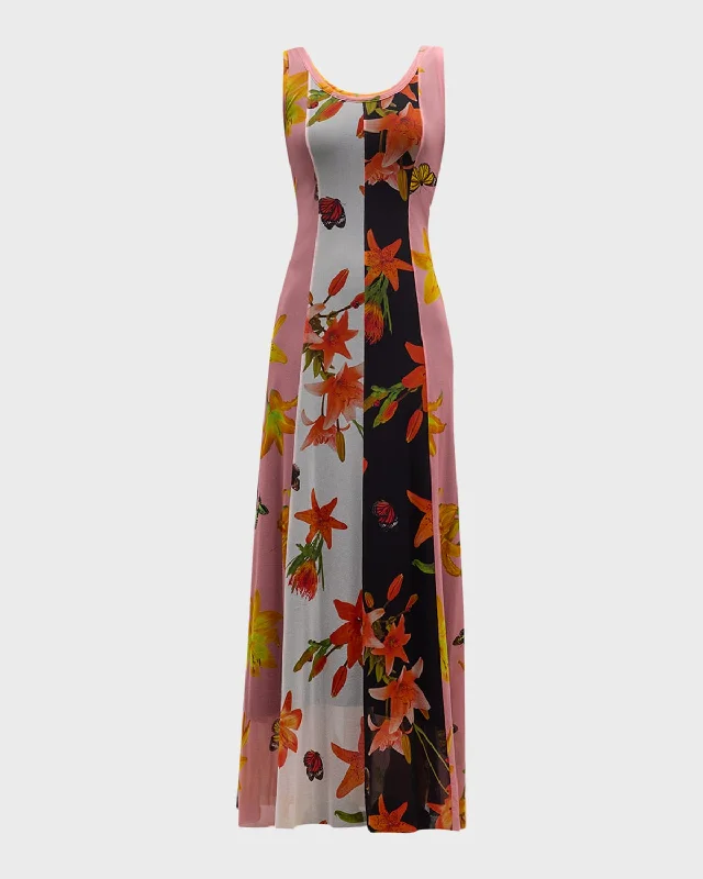 Women's Evening Clothing Bohemian Vibe Colorblock Floral-Print Tulle Maxi Dress