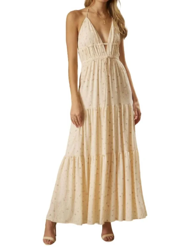 Women's Vacation Outfit Elevated Style Ditsy Floral Halter Maxi Dress In Ivory