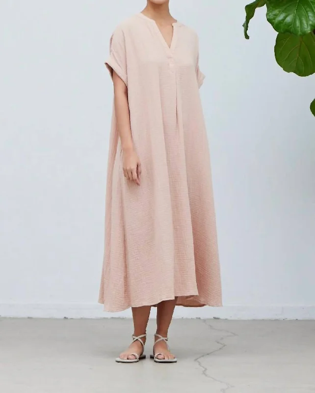 Women's Stylish Vacation Attire Vintage Elegance Cotton Gauze Midi Dress In Soft Rose