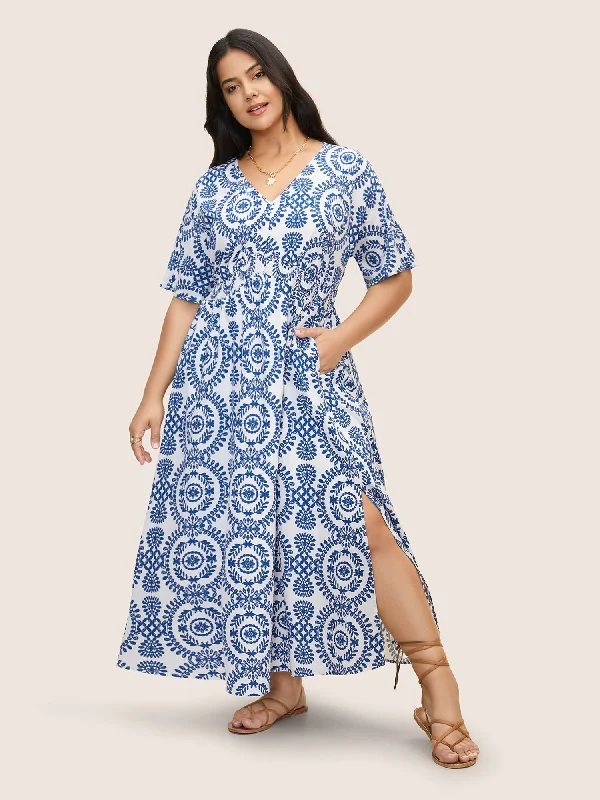 Women's Charming Outfit For Events Effortless Comfort Bandana Print Shirred Split Side Maxi Dress