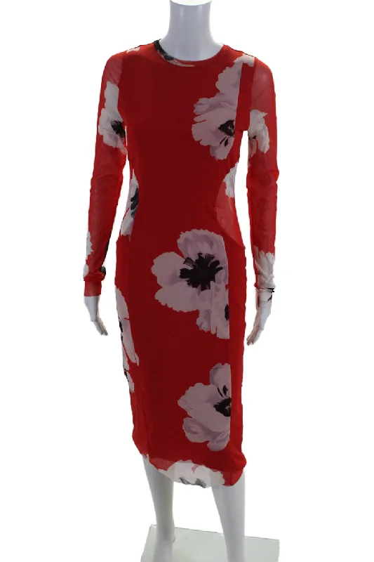 Women's Timeless Attire Modern Romance Prabal Gurung Wndr Lust Womens Floral Print Long Sleeves Body Con Dress Red