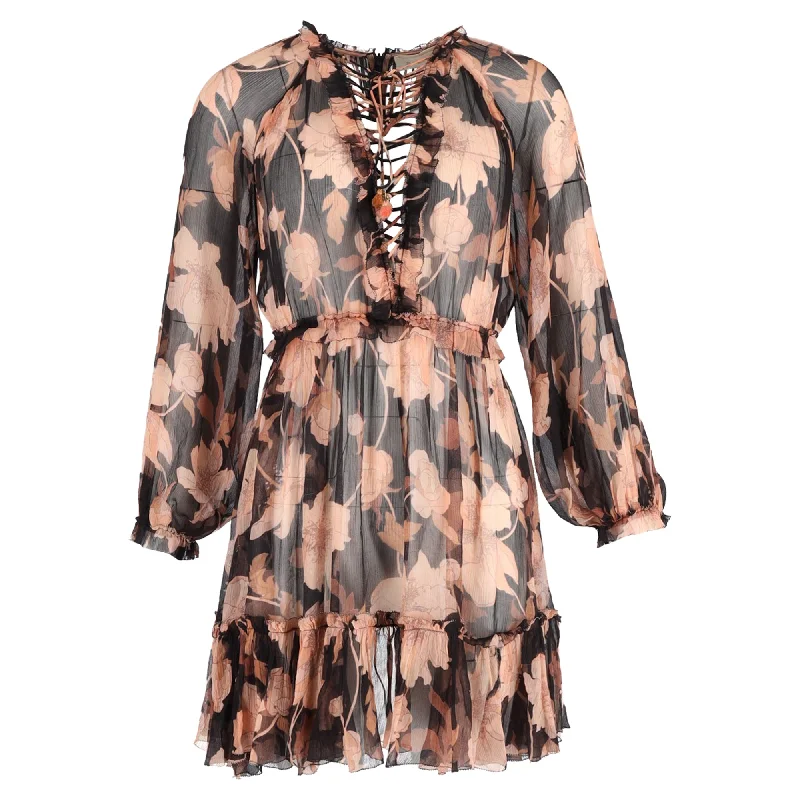 Women's High-Fashion Attire Buy More, Save More Zimmermann Floral Print Mini Concert Lace Up Dress in Black and Orange Silk Crepe