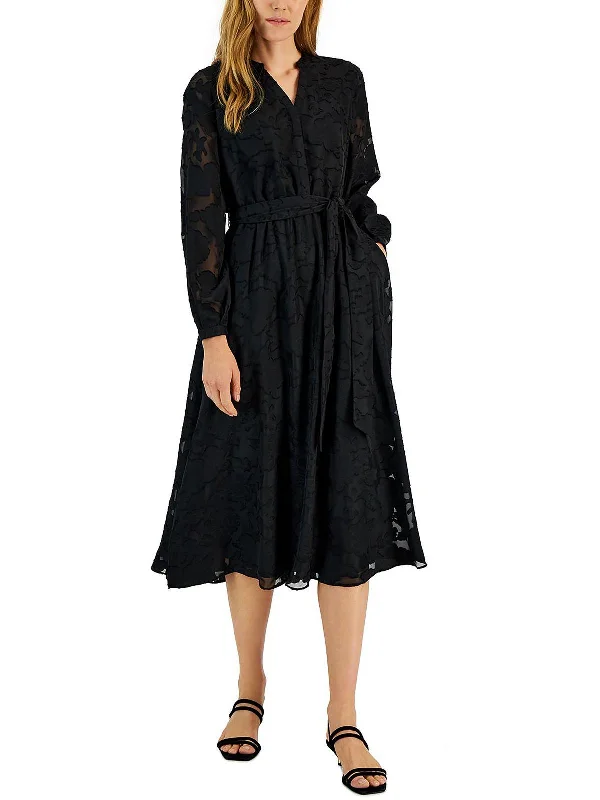 Women's Casual Wear Outfit Graceful Drape Womens Jacquard Belted Midi Dress