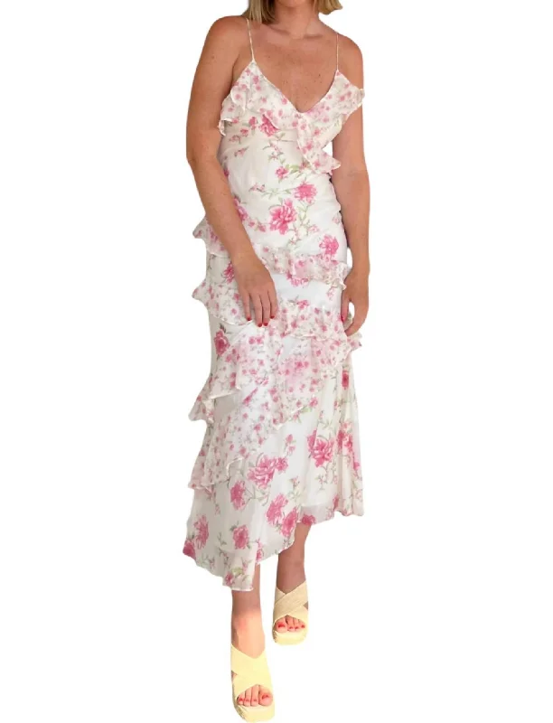 Women's Plus-Size Casual Outfit Chic Sophistication Francesca Floral Ruffle Maxi Dress In Ivory/pink