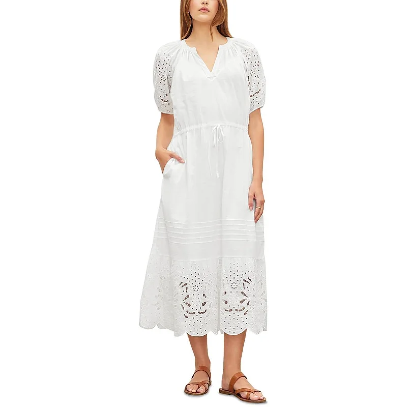 Women's High-Fashion Apparel Flowing Silhouette Womens Eyelet Puff Sleeve Midi Dress