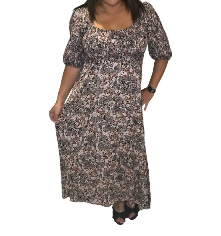 Tailored Clothing For Women Statement Piece Fall Floral Smocked Midi Dress In Brown