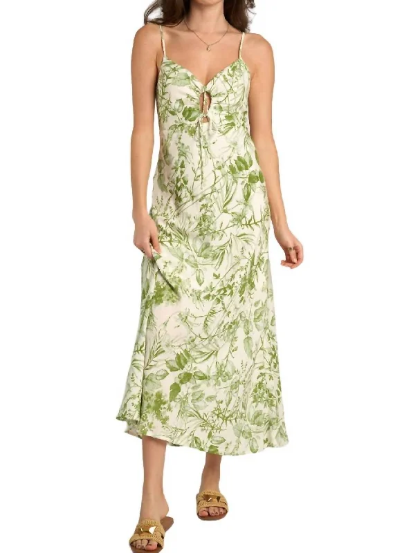 Formal Attire For Women Urban Sophistication Tropical Floral Print Midi Dress In Green