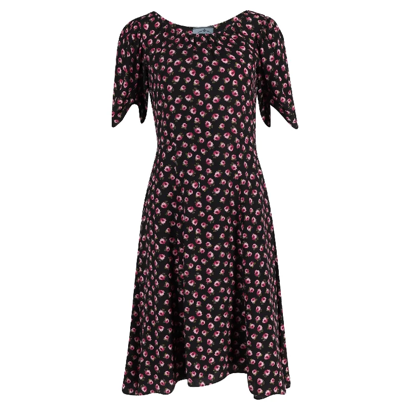 Timeless Women's Garments Chic Sophistication Prada Floral Print Midi Dress in Black Silk