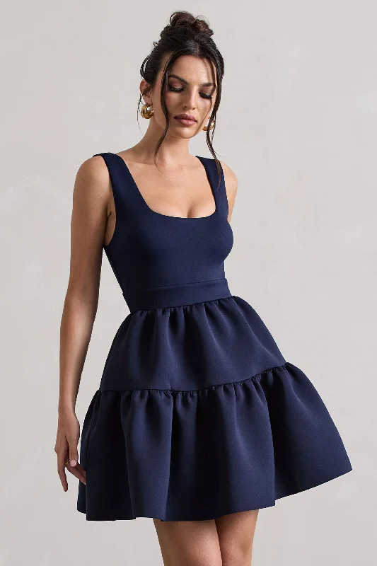 Women's Plus-Size Casual Outfit Effortless Grace Alia | Navy Scoop-Neck Tiered Volume Hem Mini Dress