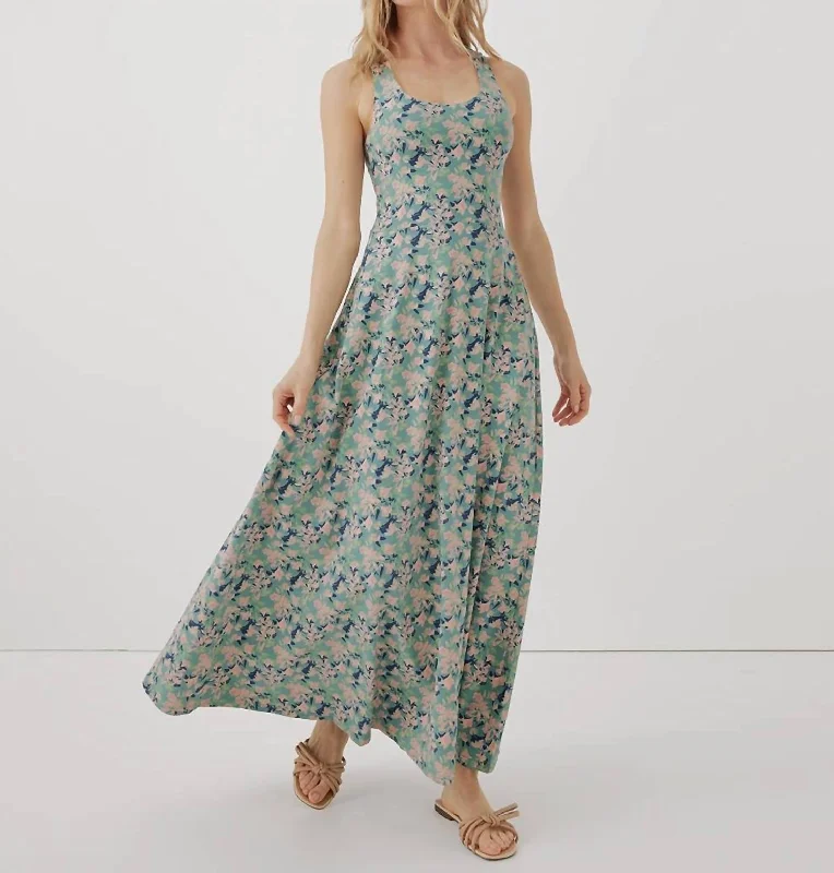 Women's Weekend Outfit Minimalist Elegant Women's Fit & Flare Open Back Maxi Dress In Shadow Floral Spruce