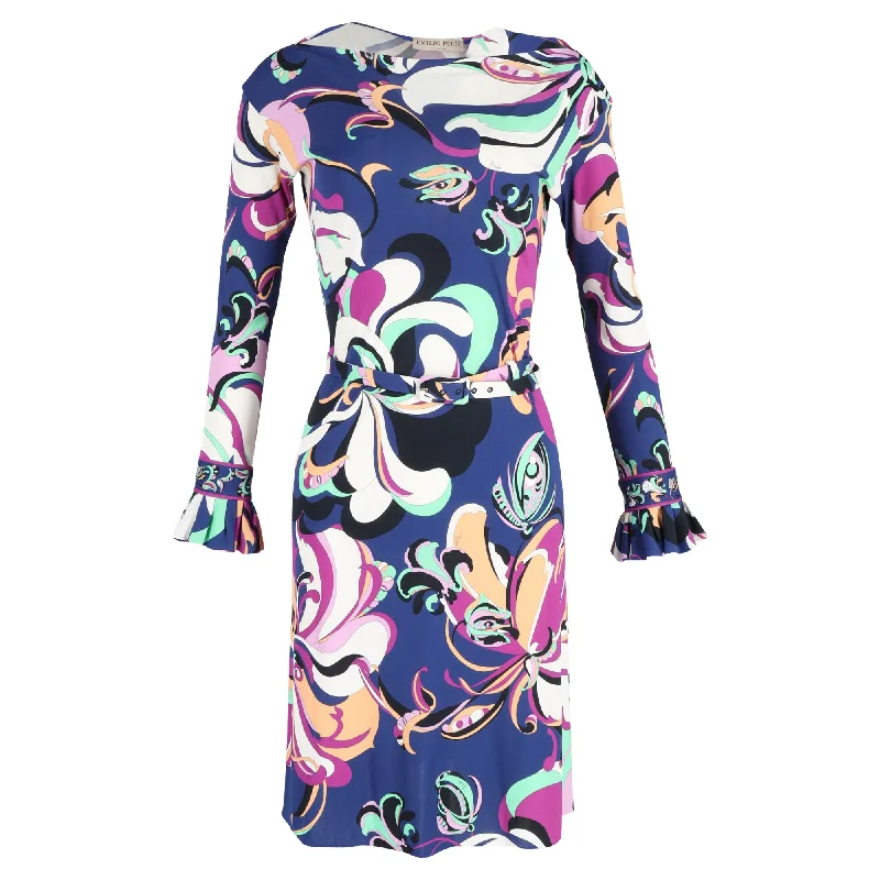 Women's Professional Garments Buy More, Save More Emilio Pucci Aruba Long-sleeved Belted Midi Dress in Blue and Purple Floral Print Viscose