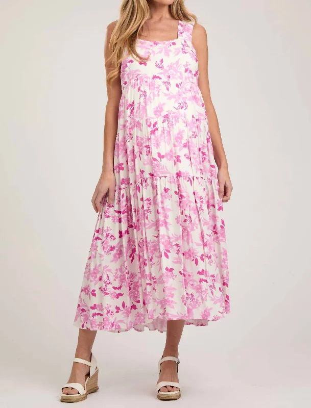 Affordable Fashion Clothing For Women Everyday Glamour Floral Printed Tiered Dress In Pink