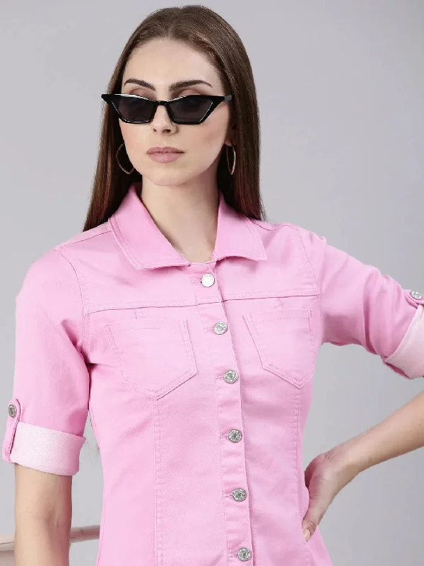 Women's Relaxed Outfit Seasonal Trend Women Pink Solid Shirt Dress-LT-10175-Pink