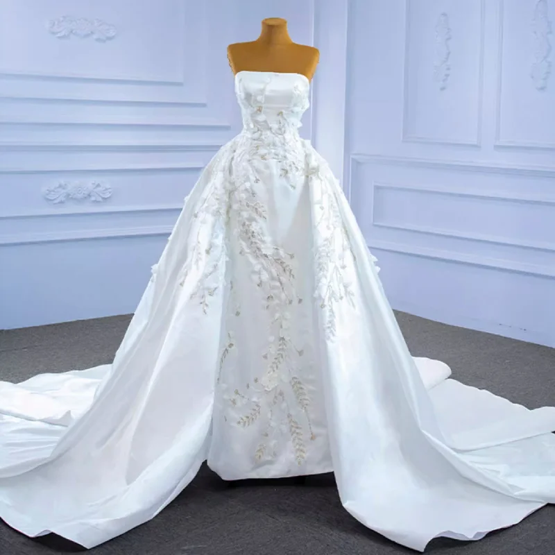 Women's Seasonal Clothes Sophisticated Cut Beaded Handmade Flower Satin Strapless Wedding Dress